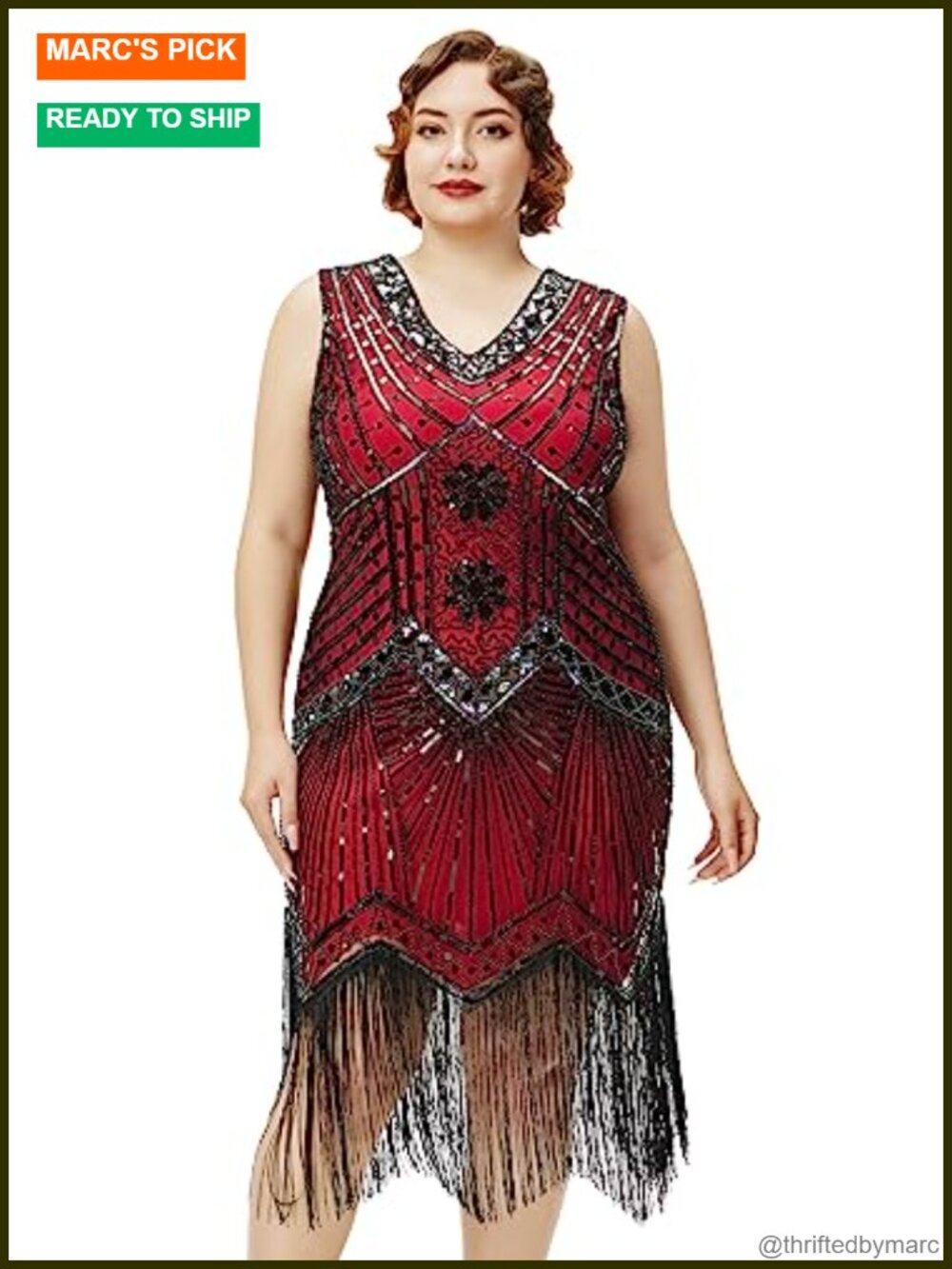 Plus Size 1920s Flapper Dress with Fringe, Sequin, V-Neck, Zipper